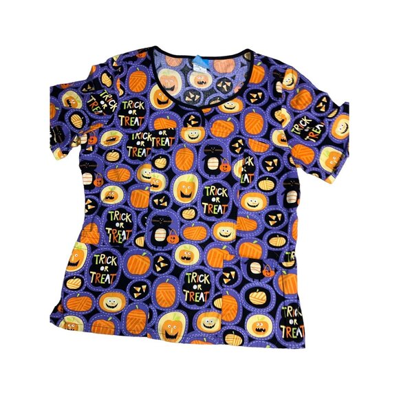 Halloween HQ Scrub Top Trick or Treat Pumpkins Cat Size M - Picture 1 of 11